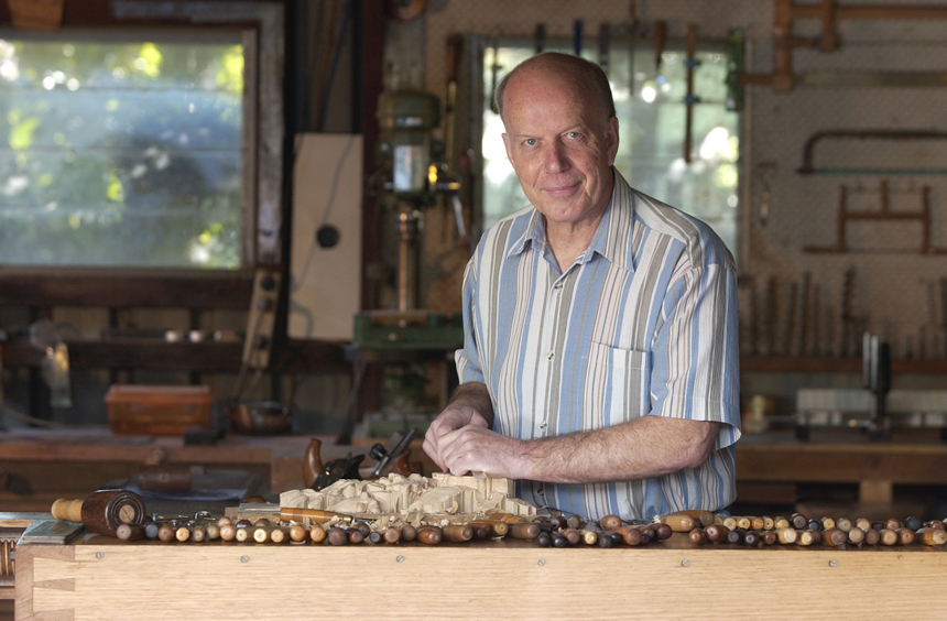 Bruce Weier wood carving in his workshop